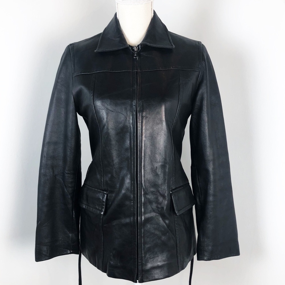 VINTAGE 90s EXPRESS belted zip up leather jacket - Picture 4 of 13